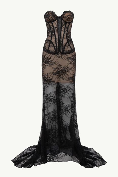 LINGERIE BUSTIER LONG DRESS IN FLORAL LACE