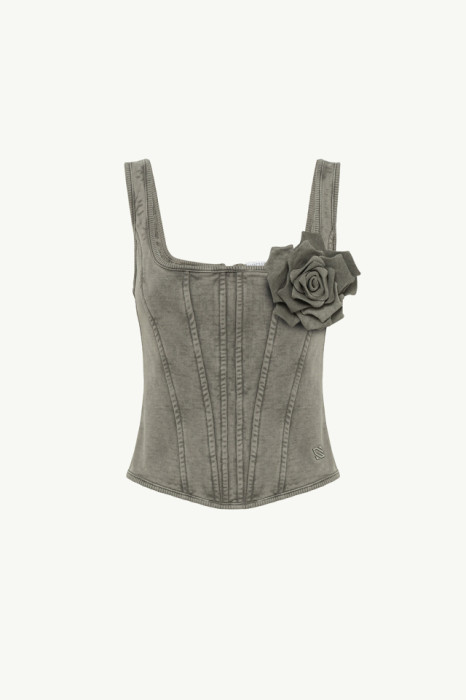 WASHED EFFECT BUSTIER WITH FLORAL PIN