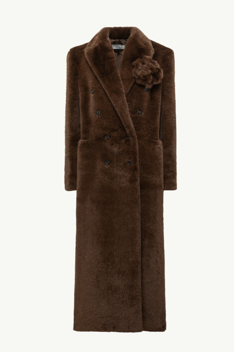 LONG COAT IN ECO-FUR WITH FLORAL BROOCH