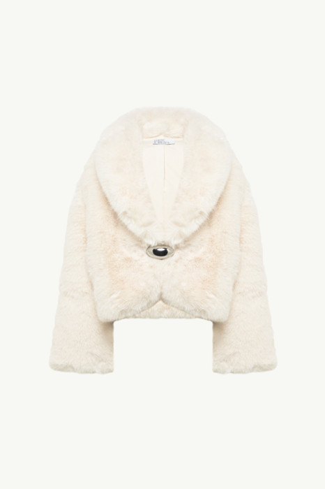 CROPPED FUR JACKET WITH OVAL PIN DETAILING