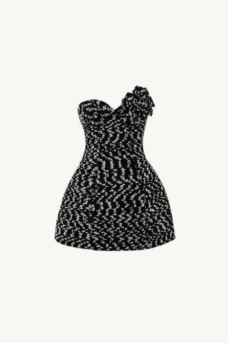 BLACK AND WHITE BOUCLÉ MINI DRESS WITH FLORAL PIN